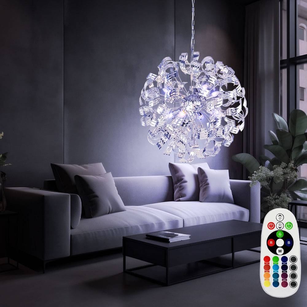 LED Hängelampe dimmbar mit Fernbedienung Pendelleuchte Wohnzimmerlampe Designlampe Chrom Esszimmerleuchte, RGB Farbwechsel, 8x 3,5W 320lm warmweiß