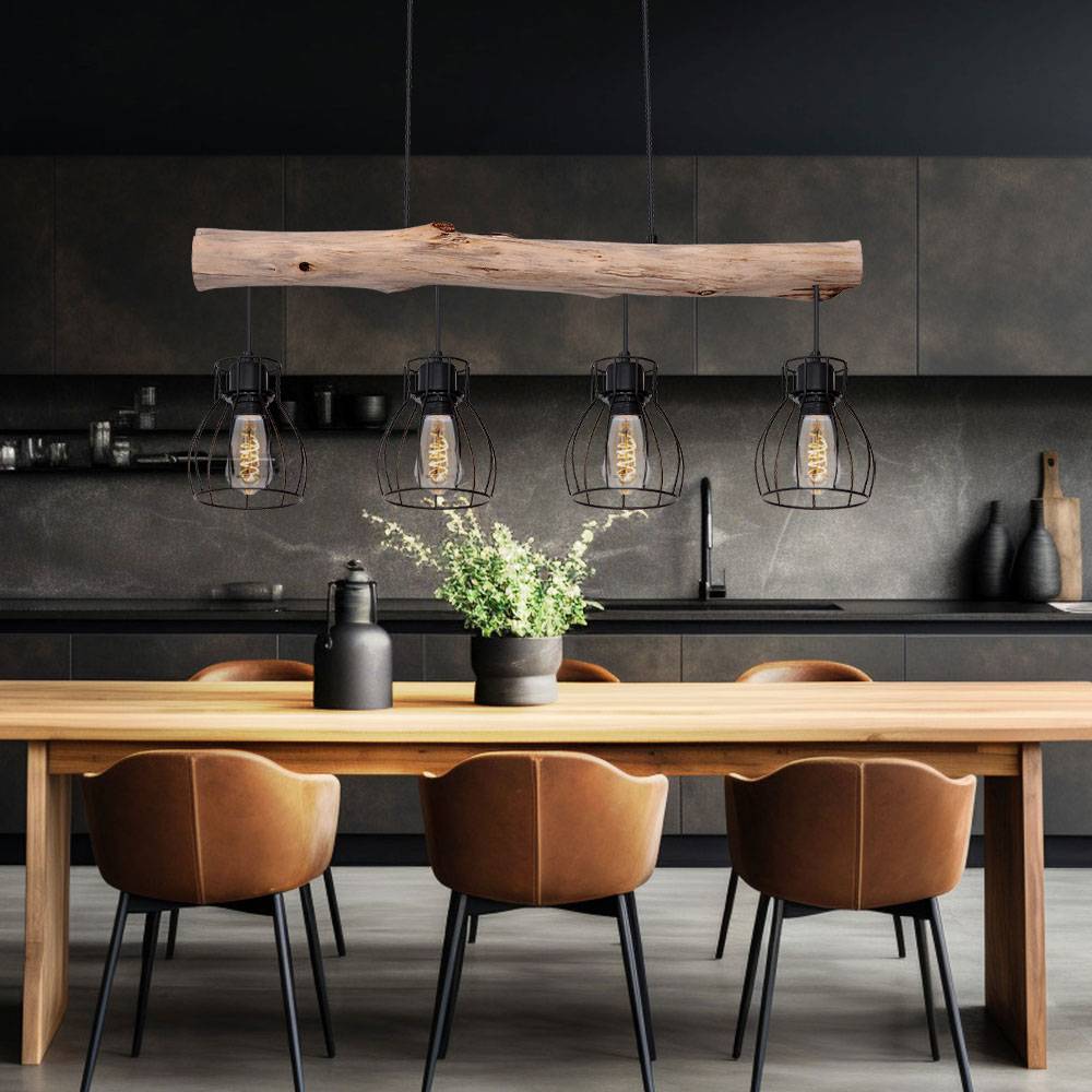 Esstischleuchte Hängelampe 4 flammig Pendelleuchte mit Holzbalken Pendellampe Gitterschirme, Metall schwarz Holz natur, 4x E27 LxBxH 82,5x13,6x140cm