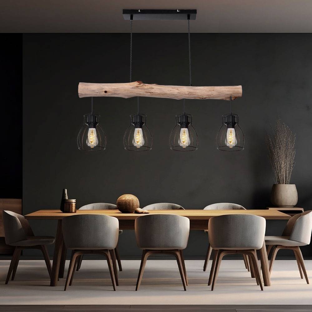 LED Hängelampe Holzbalken Pendelleuchte 4 flammig Esstischlampe Käfig Design, Metall schwarz, 4x 7W 4x 806lm warmweiß, LxH 82,5 x 140 cm