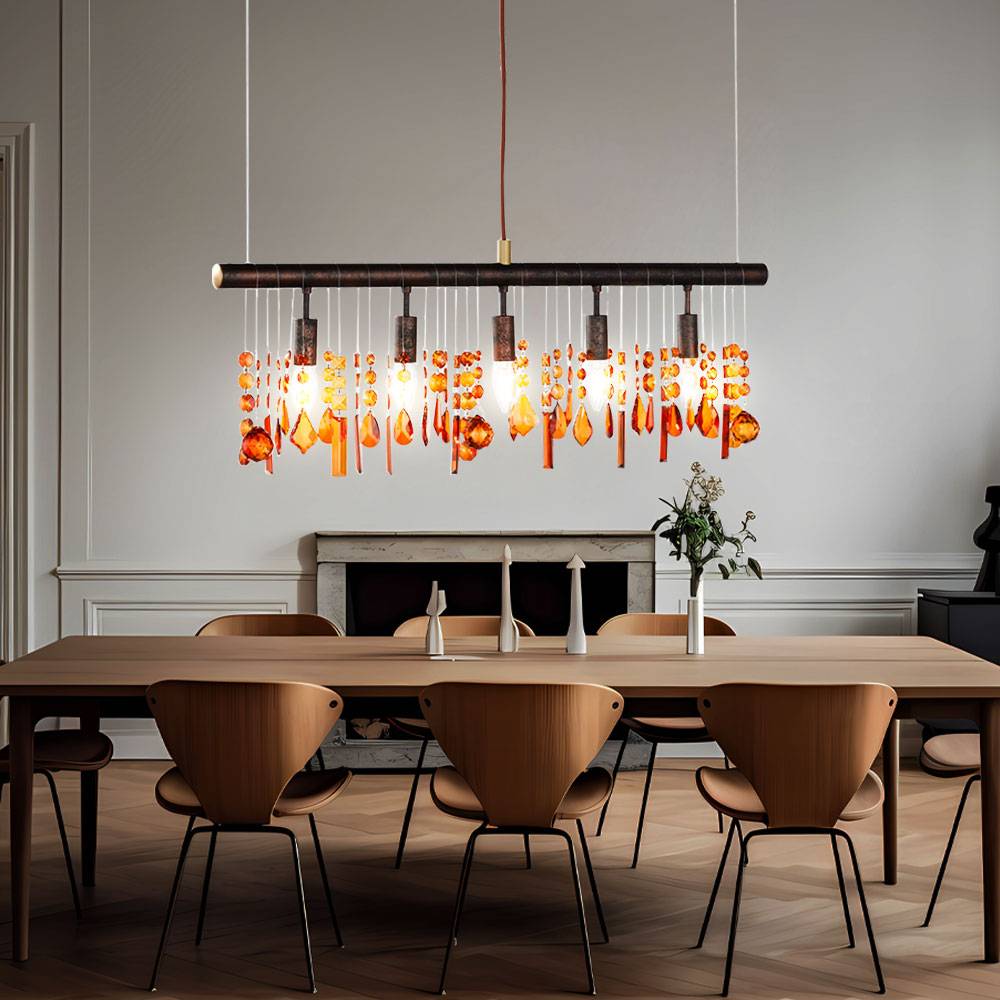 Hängeleuchte Esstischleuchte Kristall Pendelleuchte Wohnzimmerl, braun bernstein, 5x E14, LxBxH 80x9,8x150 cm