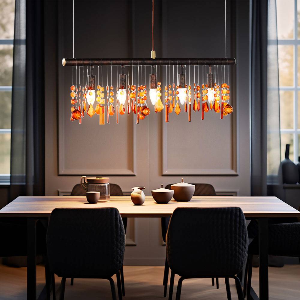Hängeleuchte Esstischleuchte Kristall Pendelleuchte Wohnzimmerl, braun bernstein, 5x E14, LxBxH 80x9,8x150 cm