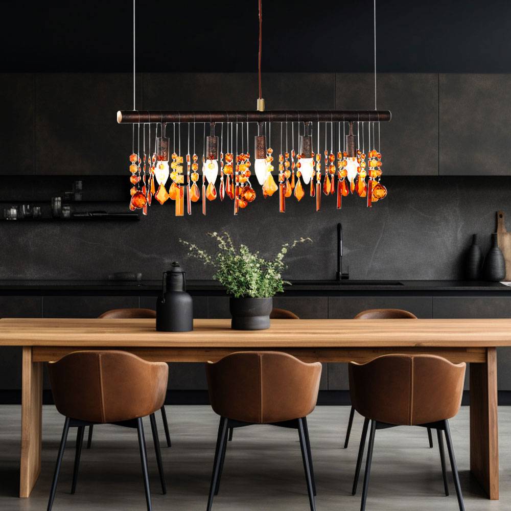 Hängeleuchte Esstischleuchte Kristall Pendelleuchte Wohnzimmerl, braun bernstein, 5x E14, LxBxH 80x9,8x150 cm