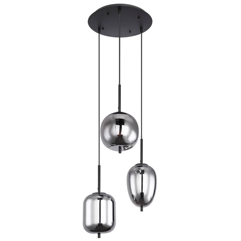 Hängeleuchte Wohnzimmer Pendellampe Designleuchte Esstischlampe 3-flammig mit Glasschirm, Metall rauch, 3x E14, DxH 46x120 cm