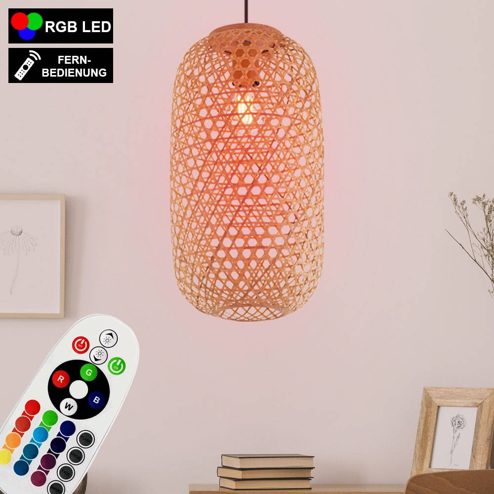 Geflecht Pendel Decken Leuchte FERNBEDIENUNG Bambus Lampe dimmbar im Set inkl. RGB LED Leuchtmittel