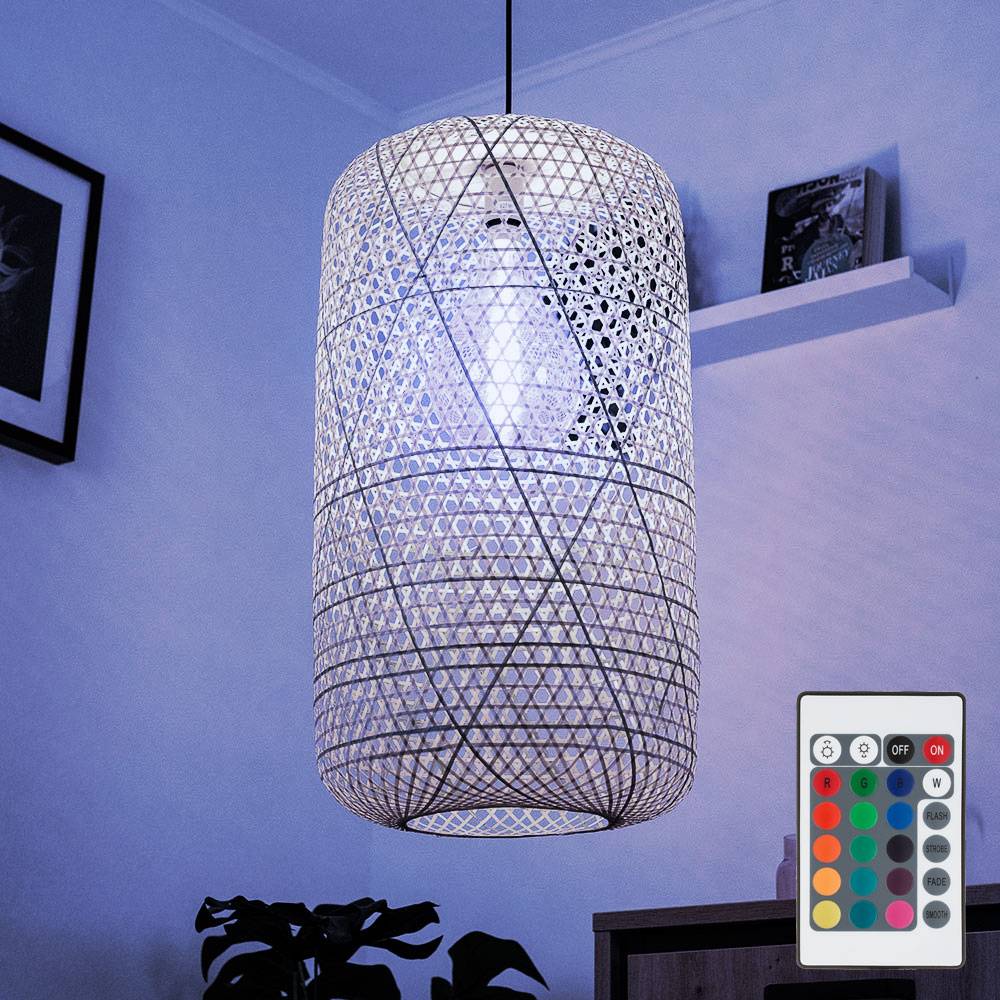 Bambus Decken Hänge Lampe DIMMBAR Geflecht Leuchte FERNBEDIENUNG im Set inkl. RGB LED Leuchtmittel