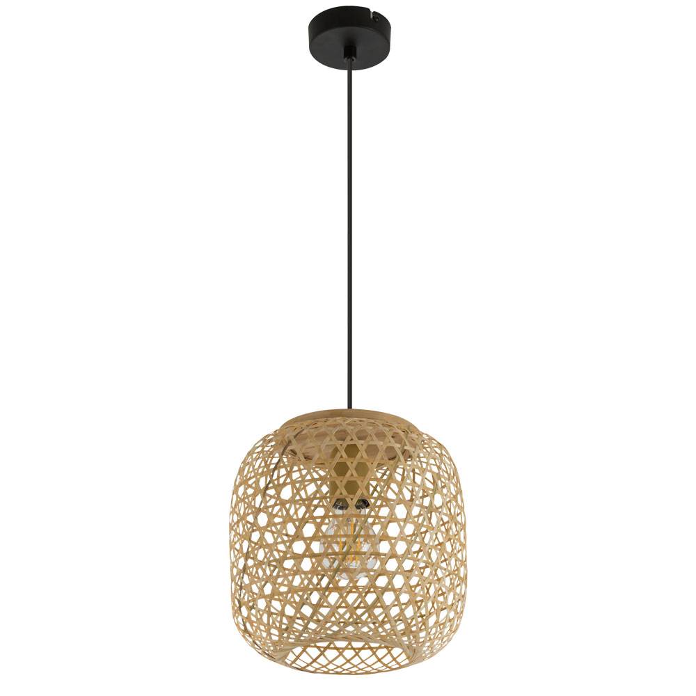 Hängelampe Pendelleuchte Deckenlampe Wohnzimmer Hängeleuchte Bambus Boho Optik in naturfarben, Metall schwarz, 1x E27, DxH 23x135 cm