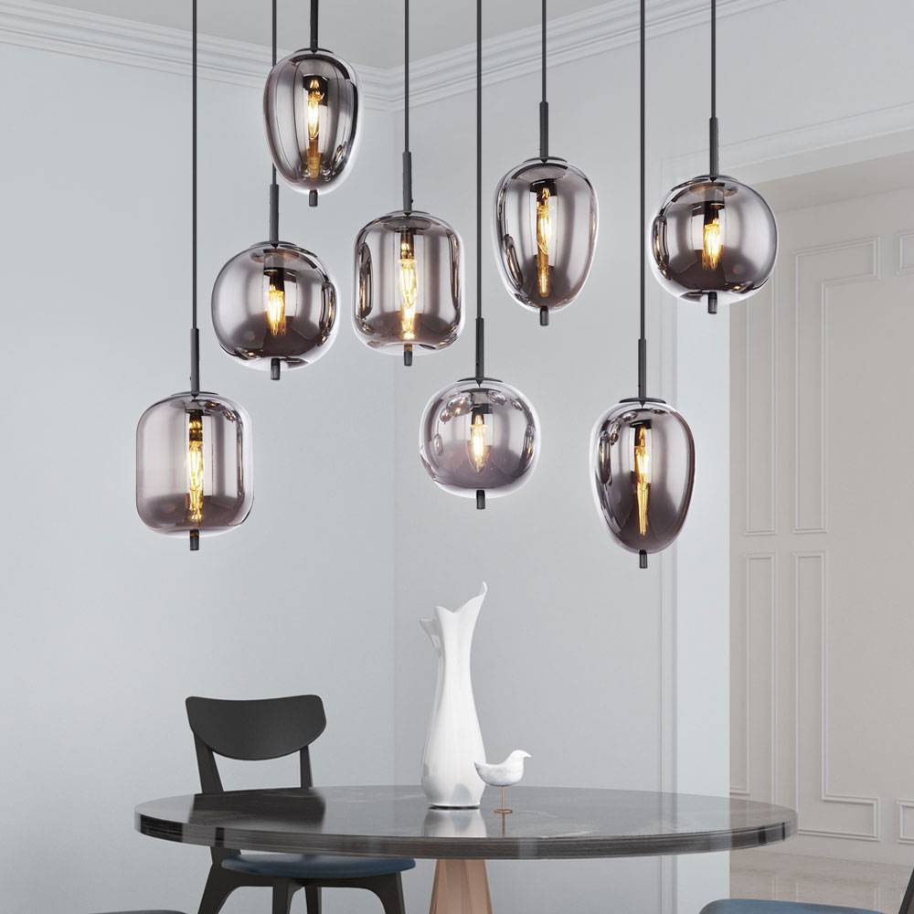Pendelleuchte 8 flammig Wohnzimmerleuchte Hängelampe Glasschirme rauchfarben, 8 verschiedene Schirme Metall, 8x LED 4,5W 470Lm warmweiß, LxBxH 94x34