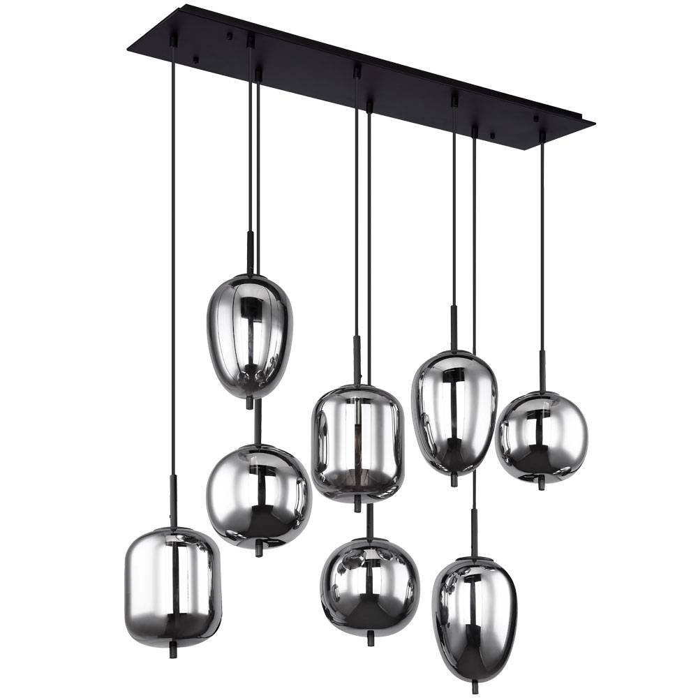 Pendelleuchte 8 flammig Wohnzimmerleuchte Hängelampe Wohnzimmerleuchte Glasschirme rauchfarben, 8 verschiedene Schirme Metall, 8x E14, LxBxH