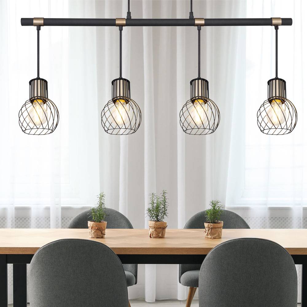 Hängelampe Hängeleuchte Pendellampe Esszimmerleuchte Esstischlampe, 4 Flammig, Metall schwarz gold, 4x E27 Fassungen, LxBxH 87x12x120cm