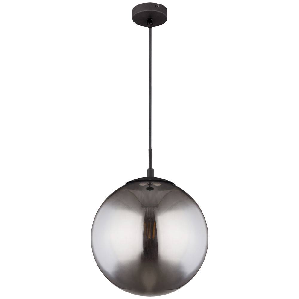 Decken Hängeleuchte Glaskugel Pendelleuchte Rauchglas Kugelleuchte pendelnd, Metall schwarz matt, 1x E27, DMxHöhe 30x120cm, Wohnzimmer Esszimmer Sch