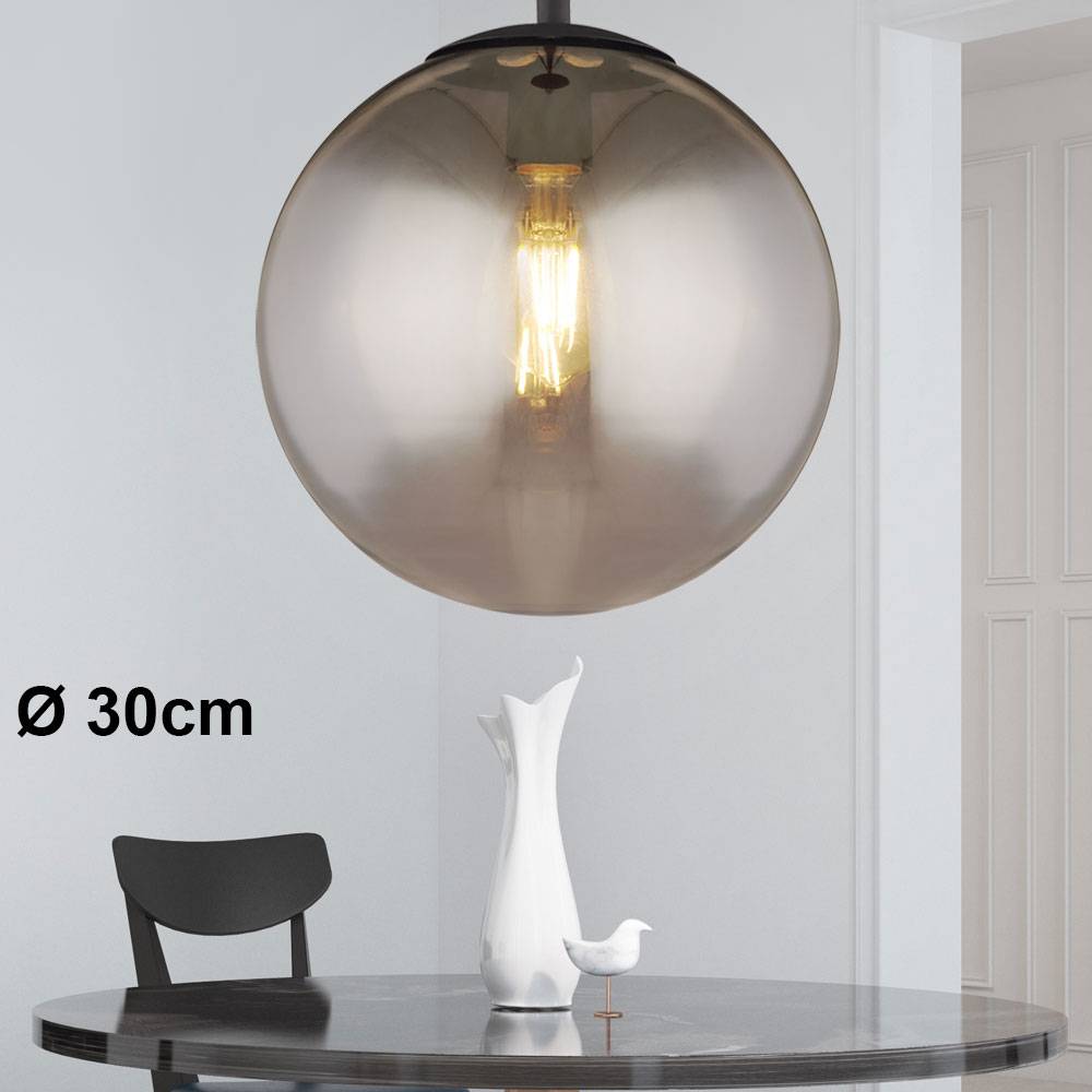 Decken Hängeleuchte Glaskugel Pendelleuchte Rauchglas Kugelleuchte pendelnd, Metall schwarz matt, 1x E27, DMxHöhe 30x120cm, Wohnzimmer Esszimmer Sch