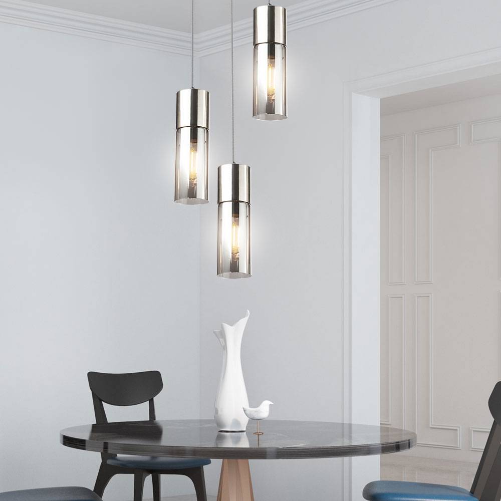 Hängeleuchte Rauchglas 3 Flammig Pendelleuchte nickelfarben Esszimmerleuchte Glas, Metall, 3x E27 Fassungen, DxH 30x150 cm