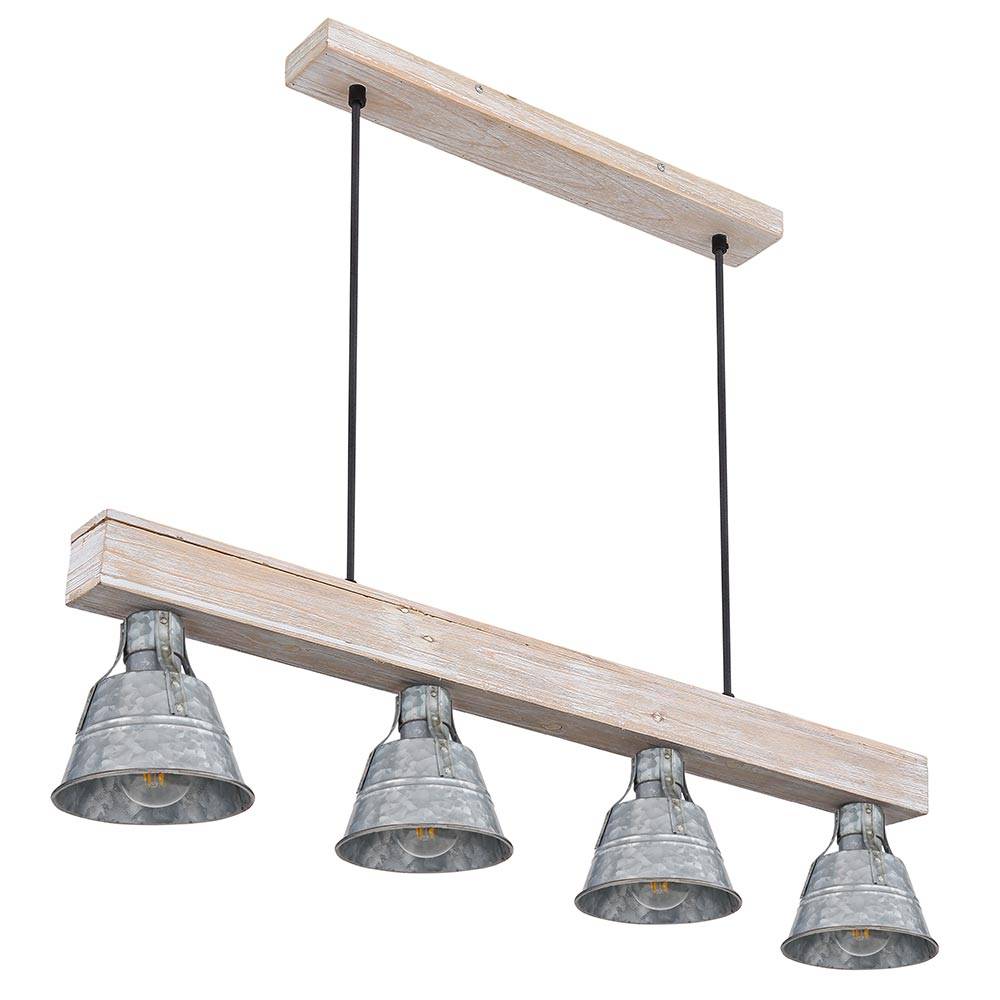 Holzlampe Hängelampe Hängeleuchte Pendelleuchte Holzbalkenleuchte, 4 Flammig Landhaus Metall antik Holz natur, 4x E27 Fassungen, LxBxH 85x14x85cm