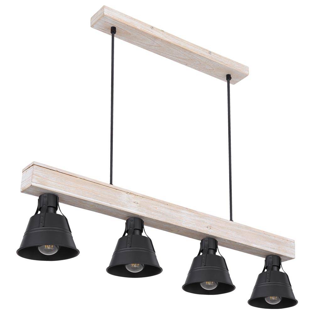 Pendelleuchte Hängelampe Hängeleuchte Holzlampe Esszimmerleuchte Pendellampe Esstisch, 4 Flammig Industriell, Holzbalken natur Metall schwarz, 4x E2