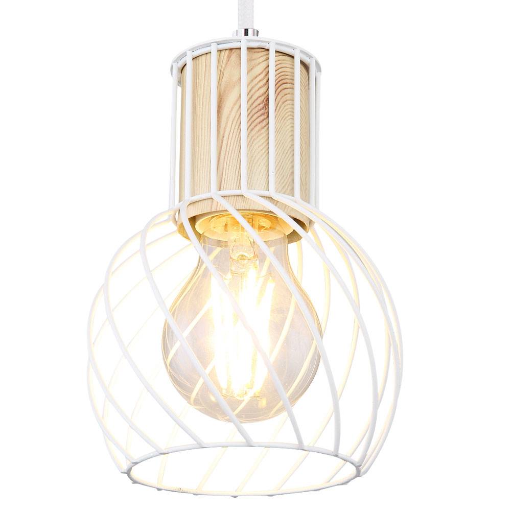 Pendelleuchte Holzbalken Hängelampe Retro Holz Optik Esszimmerlampe mit vier Käfigkugeln, weiß, 4x E27, L x x H 87x12x120 cm