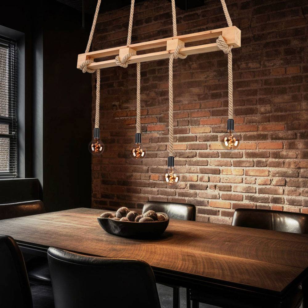 Decken Pendelleuchte 4 flammig Holzbalken Hanfseil Hängelampe Pendellampe, 4x E27, LxBxH 120x10x120cm, Wohnzimmer Esszimmer