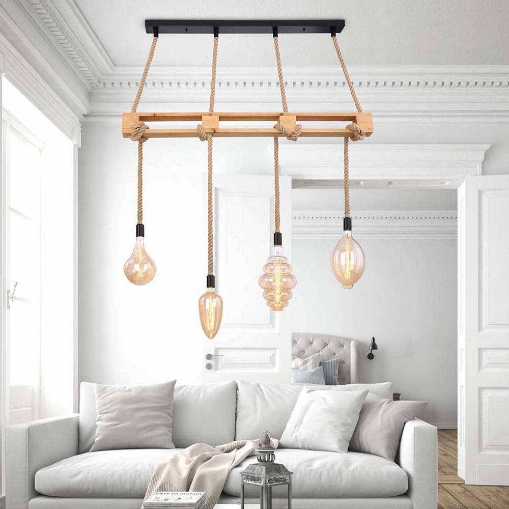 Hängeleuchte Holz Esszimmerleuchte Balken Hängelampe Holzleuchte Hanfseil, natur, 4x E27 Fassungen, LxBxH 120x10x120cm