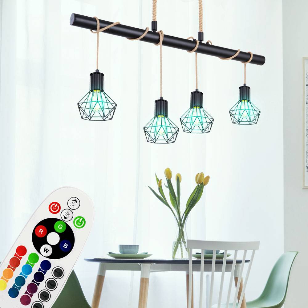 Käfig Hänge Decken Leuchte FERNBEDIENUNG Hanfseil Lampe dimmbar im Set inkl. RGB LED Leuchtmittel