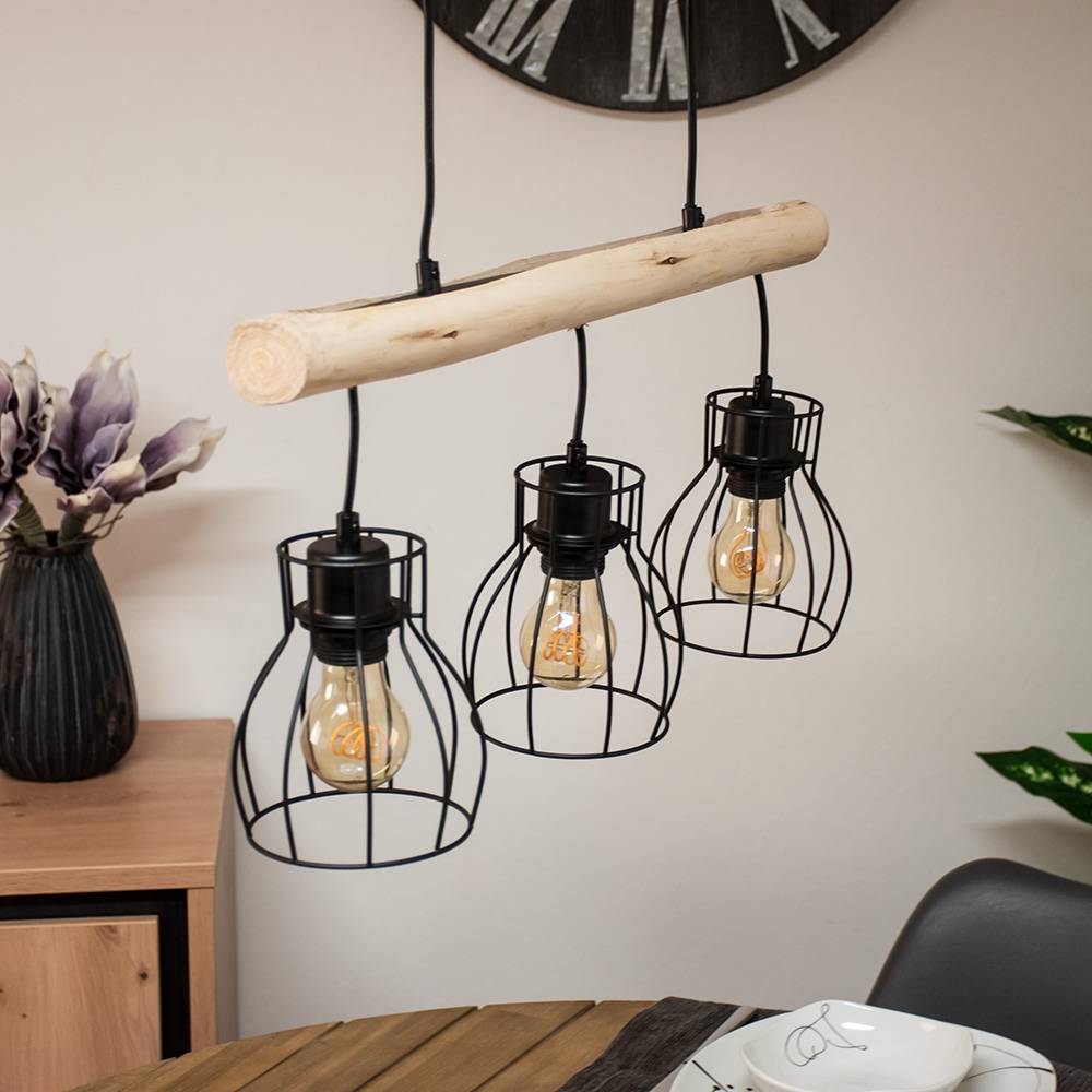 Holz Design Hängeleuchte mit Gitter Lampenschirmen Pendelleuchte mit Holzbalken 3 flammig, Metall schwarz Holz natur, 5x E27 max 40 Watt, LxBxH 60x1