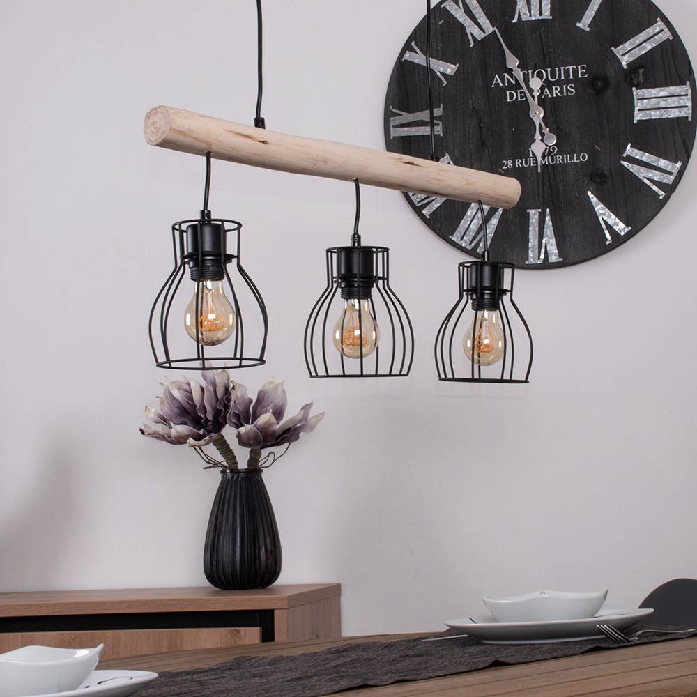 Holz Design Hängeleuchte mit Gitter Lampenschirmen Pendelleuchte mit Holzbalken 3 flammig, Metall schwarz Holz natur, 5x E27 max 40 Watt, LxBxH 60x1
