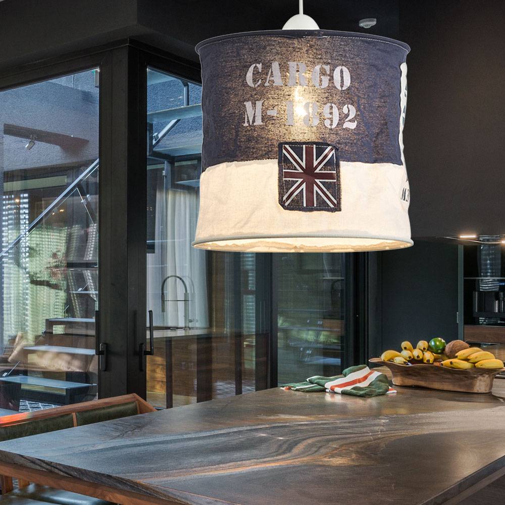 Hängeleuchte Pendellampe Schirmleuchte Innenlampe Textil Schirm, blau, weiß, Schriftzug, Fahne, Küchen Beleuchtung x H 28 x 26 cm