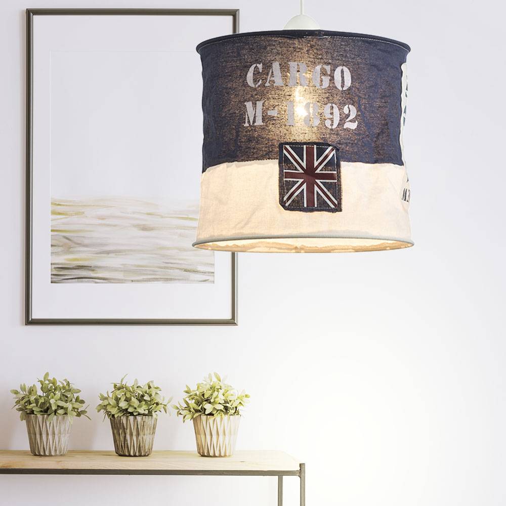 Hängeleuchte Pendellampe Schirmleuchte Innenlampe Textil Schirm, blau, weiß, Schriftzug, Fahne, Küchen Beleuchtung x H 28 x 26 cm