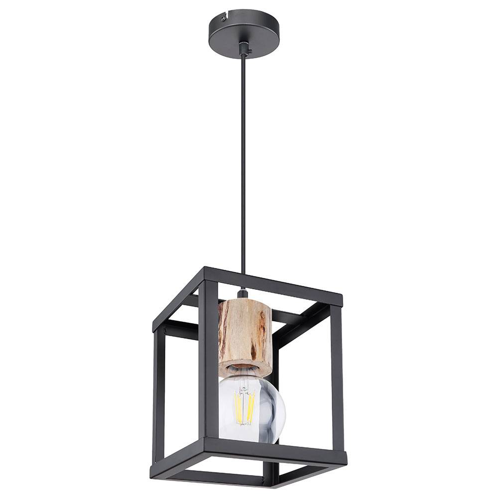 Hängelampe Esstisch Wohnzimmerleuchte schwarz Pendellampe modern, Industrial Hängeleuchte Metall Rahmen Holzoptik, 1x E27 Fassung, LxBxH 17x17x120