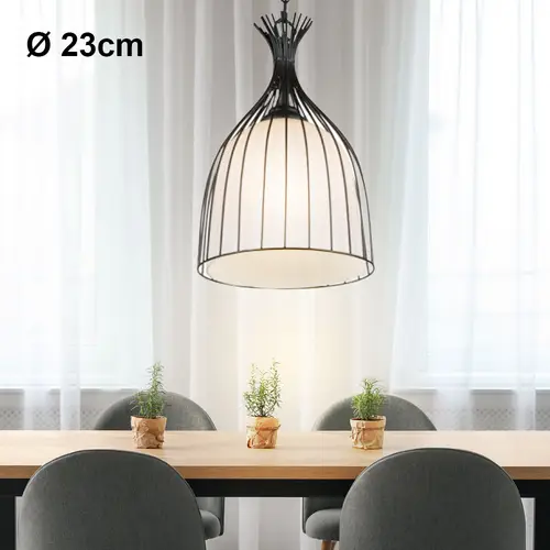 Pendelleuchte schwarz Flur Hängelampe Glas Esszimmer Deckenlicht schwarz, Käfig Design opal weiß, 1x E27, DxH 23 x 150 cm Pendelleuchte schwarz Flur Hängelampe Glas Esszimmer Deckenlicht schwarz, Käfig Design opal weiß, 1x E27, DxH 23 x 150 cm