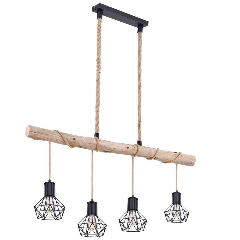 Hängeleuchte Esszimmerlampe Deckenleuchte Pendellampe, Holz Balken, Hanfseil, Retroleuchte Vintage Rustikal, 4-Flammig, L 100 cm