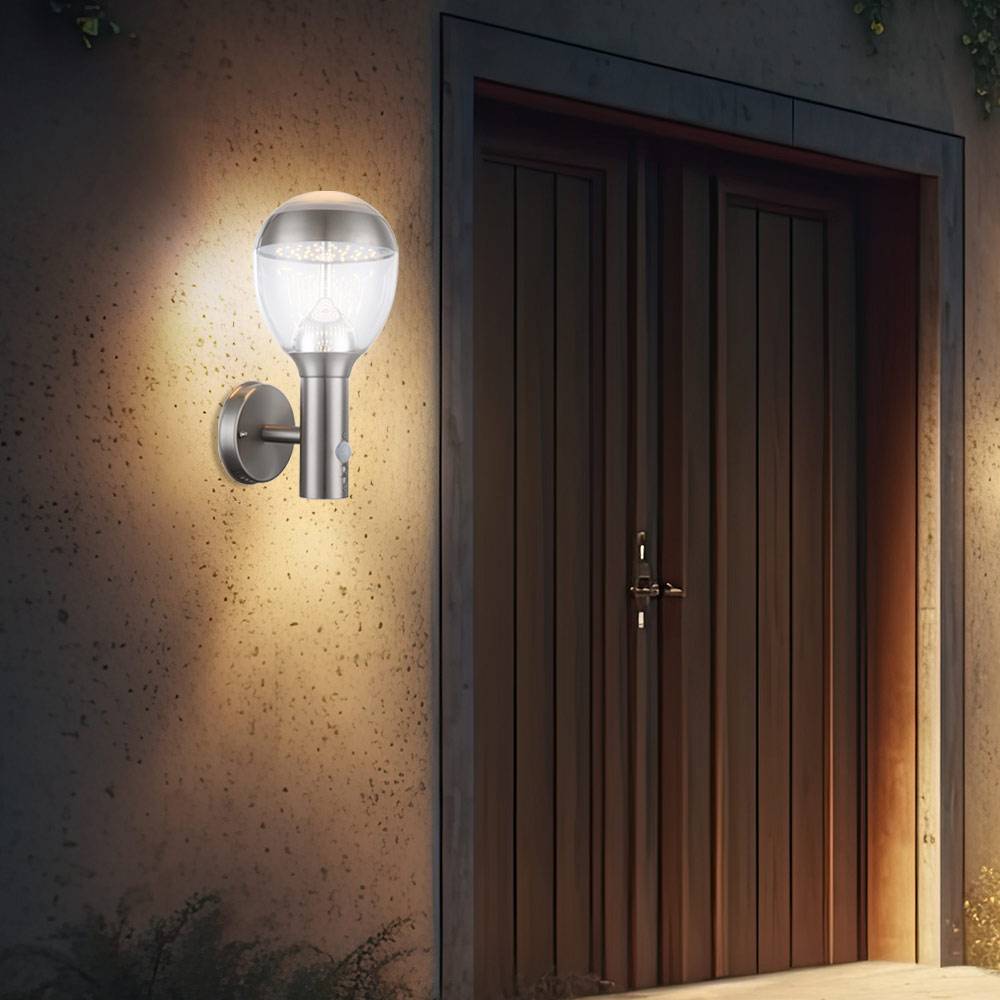 Außenwandleuchte mit Bewegungsmelder Gartenleuchte Außenleuchte Hauswandleuchte, Kugel klar Edelstahl, 11,5W 750lm 3000K, BxHxT 15x31,7x17,3 cm