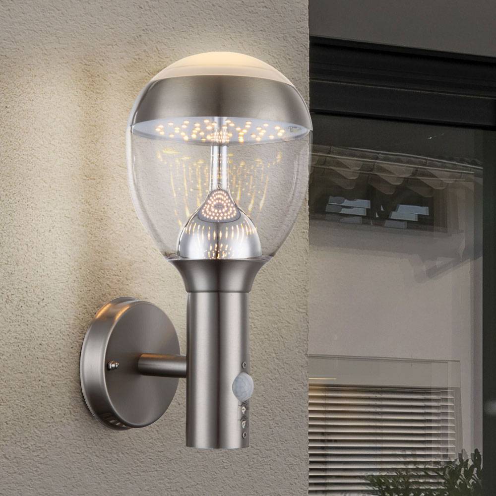 Außenwandleuchte mit Bewegungsmelder Gartenleuchte Außenleuchte Hauswandleuchte, Kugel klar Edelstahl, 11,5W 750lm 3000K, BxHxT 15x31,7x17,3 cm