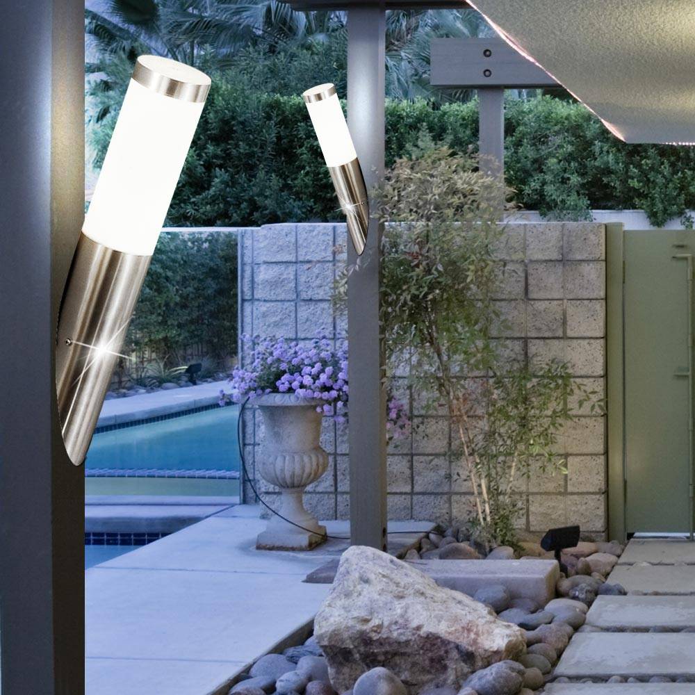 Wandleuchte Außenwandlampe Edelstahl Gartenlampe silber Haustürlampe, Fackel Optik, 1x E27, DxH 7,6x40 cm, 2er Set