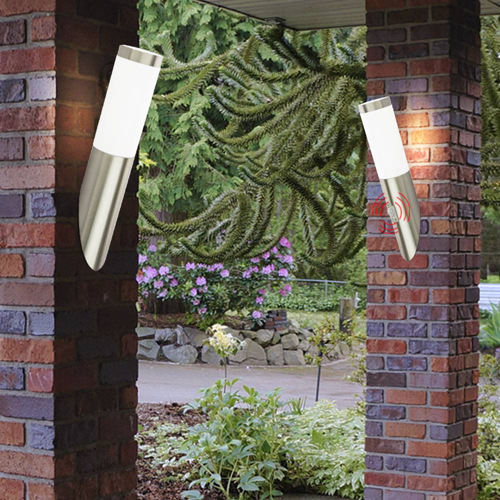 Außenwandlampe mit Bewegungsmelder Fassadenleuchte Terrassenlampe Edelstahl Gartenlampe, 1x E27, DxH 7,6 x 39/40,5 cm, 2er Set