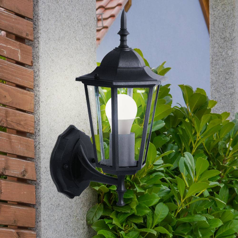 Wandleuchte Wandlampe Laterne Außenleuchte Terrassenleuchte Hauswand, IP44, schwarz Glas klar Antik, 1x E27 Fassung, BxHxT 17x36x20,8cm, 2er Set