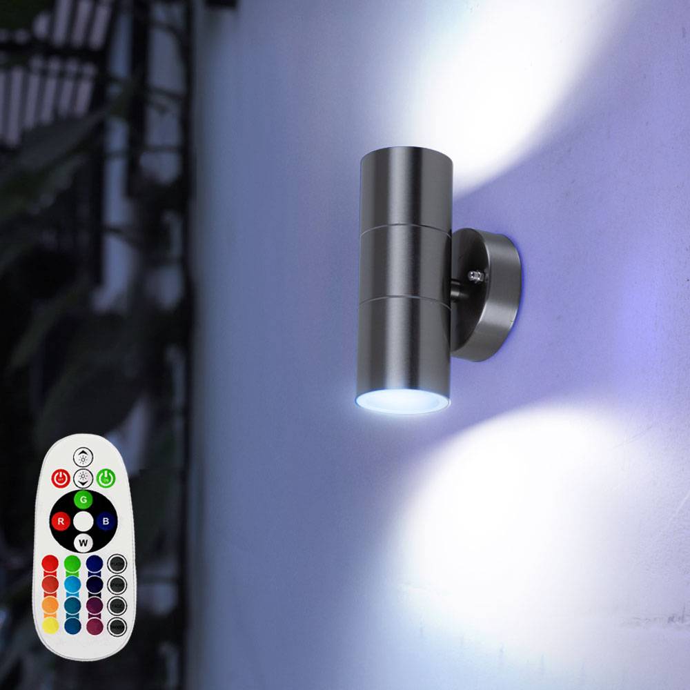 RGB LED Wandleuchte Außenwandleuchte mit Fernbedienung Farbwechsler Wandlampe Außenleuchte UP DOWN IP44, Edelstahl grau, dimmbar, 2 Flammig, 3,5W 29