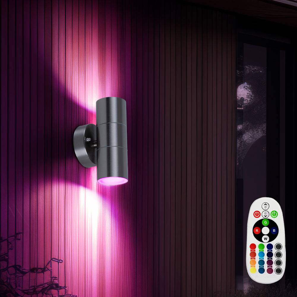 RGB LED Wandleuchte Außenwandleuchte mit Fernbedienung Farbwechsler Wandlampe Außenleuchte UP DOWN IP44, Edelstahl grau, dimmbar, 2 Flammig, 3,5W 29