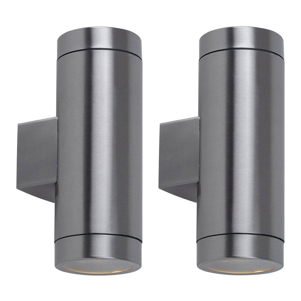 2er Set robuste Außen Wand Up Down Edelstahl Lampen Terrassen Glas Leuchten silber 2-flammig