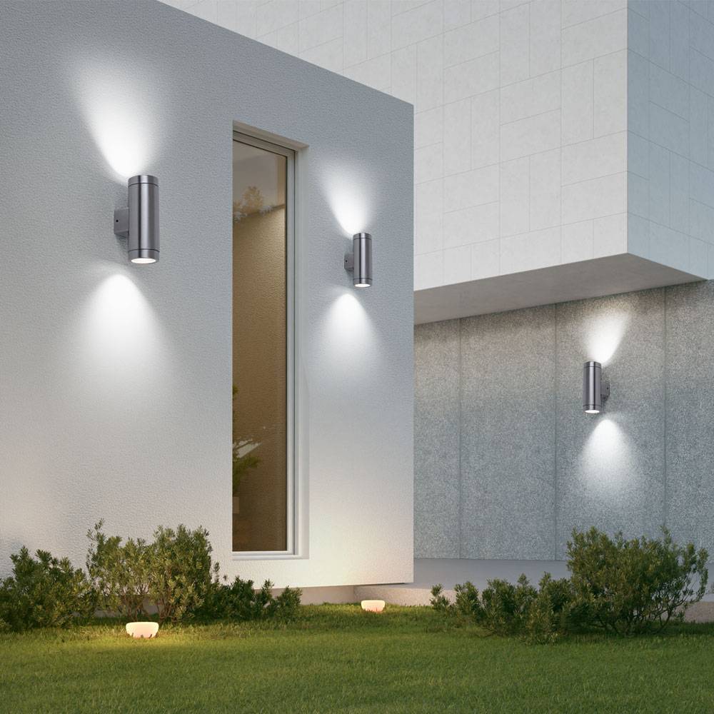 2er Set robuste Außen Wand Up Down Edelstahl Lampen Terrassen Glas Leuchten silber 2-flammig