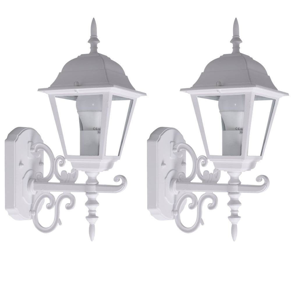 2er Set Laternen Haus Wand Beleuchtung weiß Glas Antik Stil Garten Strahler Alu schwarz E27