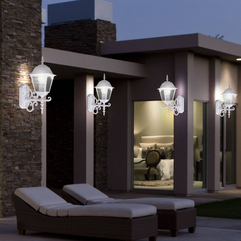 2er Set Laternen Haus Wand Beleuchtung weiß Glas Antik Stil Garten Strahler Alu schwarz E27