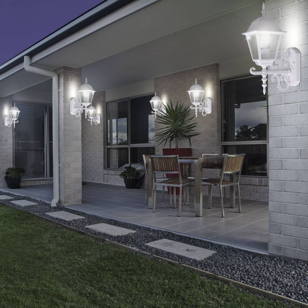2er Set Laternen Haus Wand Beleuchtung weiß Glas Antik Stil Garten Strahler Alu schwarz E27