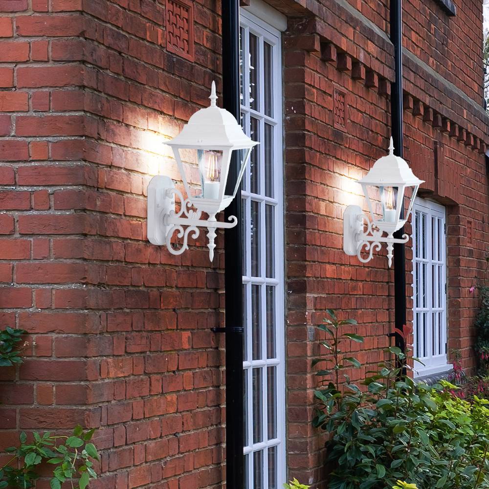 2er Set Laternen Haus Wand Beleuchtung weiß Glas Antik Stil Garten Strahler Alu schwarz E27