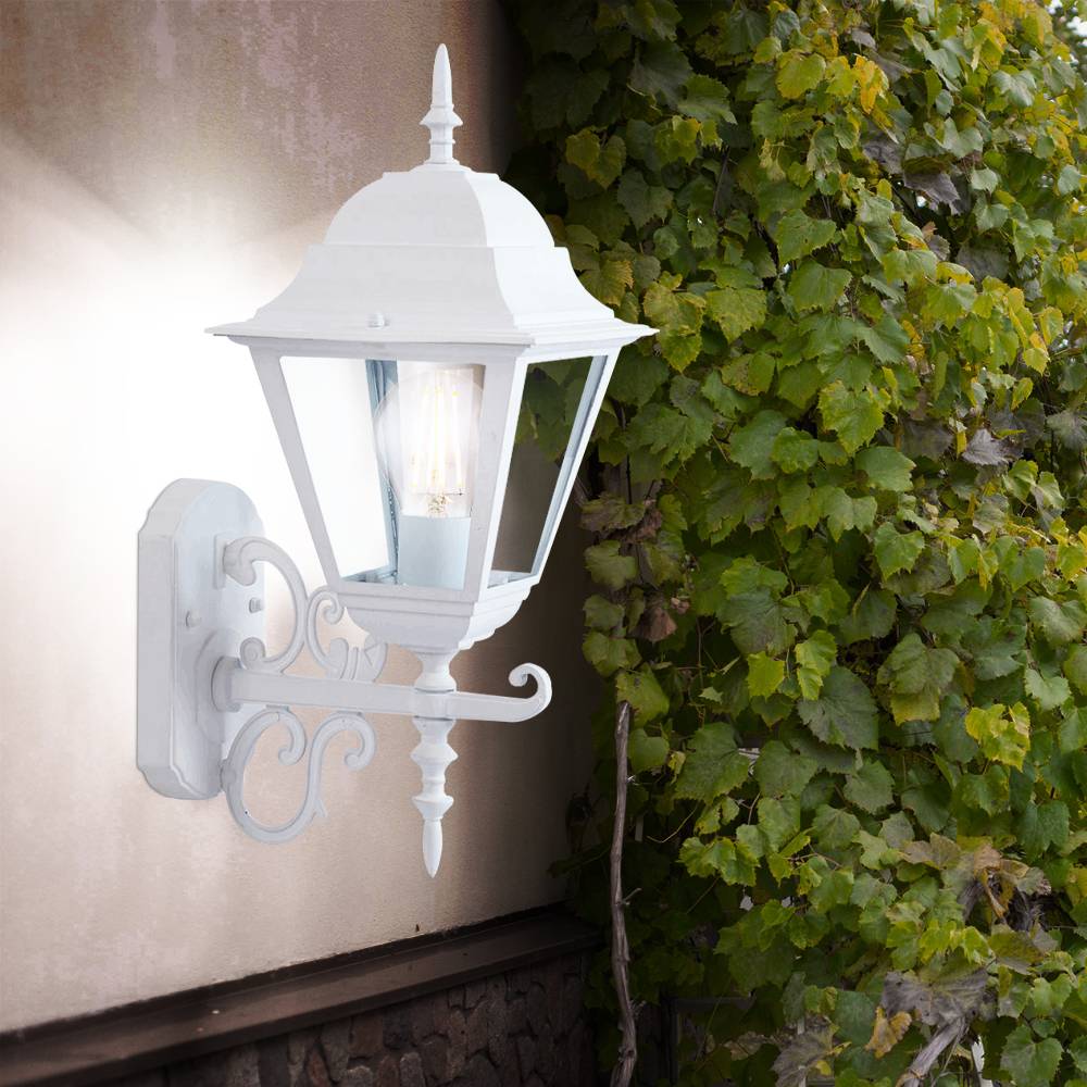 2er Set Laternen Haus Wand Beleuchtung weiß Glas Antik Stil Garten Strahler Alu schwarz E27