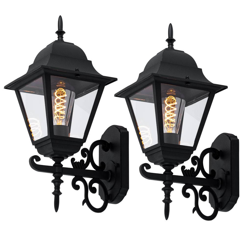 2er Set Fassaden Alu Glas Wand Leuchten schwarz Antik Stil Veranda Außen Lampen IP44 Beleuchtung Garten Hof Weg Terrasse