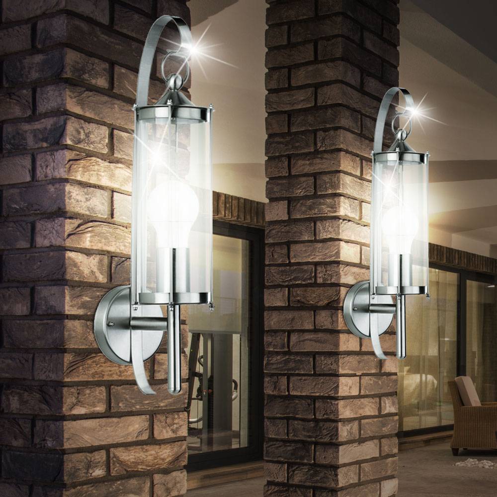 Außenlampe Wandleuchte Wandstrahler E27 Edelstahl Wandlampe Außen silber Spritzwasserfest Glas klar, E27 Fassung, DxBxT 11,4x52,5x15,5 cm