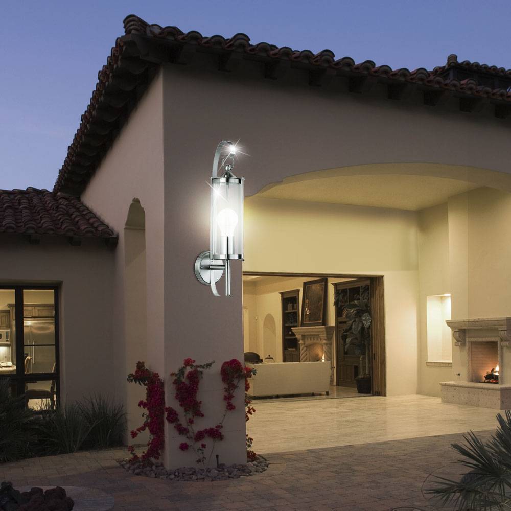 Außenlampe Wandleuchte Wandstrahler E27 Edelstahl Wandlampe Außen silber Spritzwasserfest Glas klar, E27 Fassung, DxBxT 11,4x52,5x15,5 cm