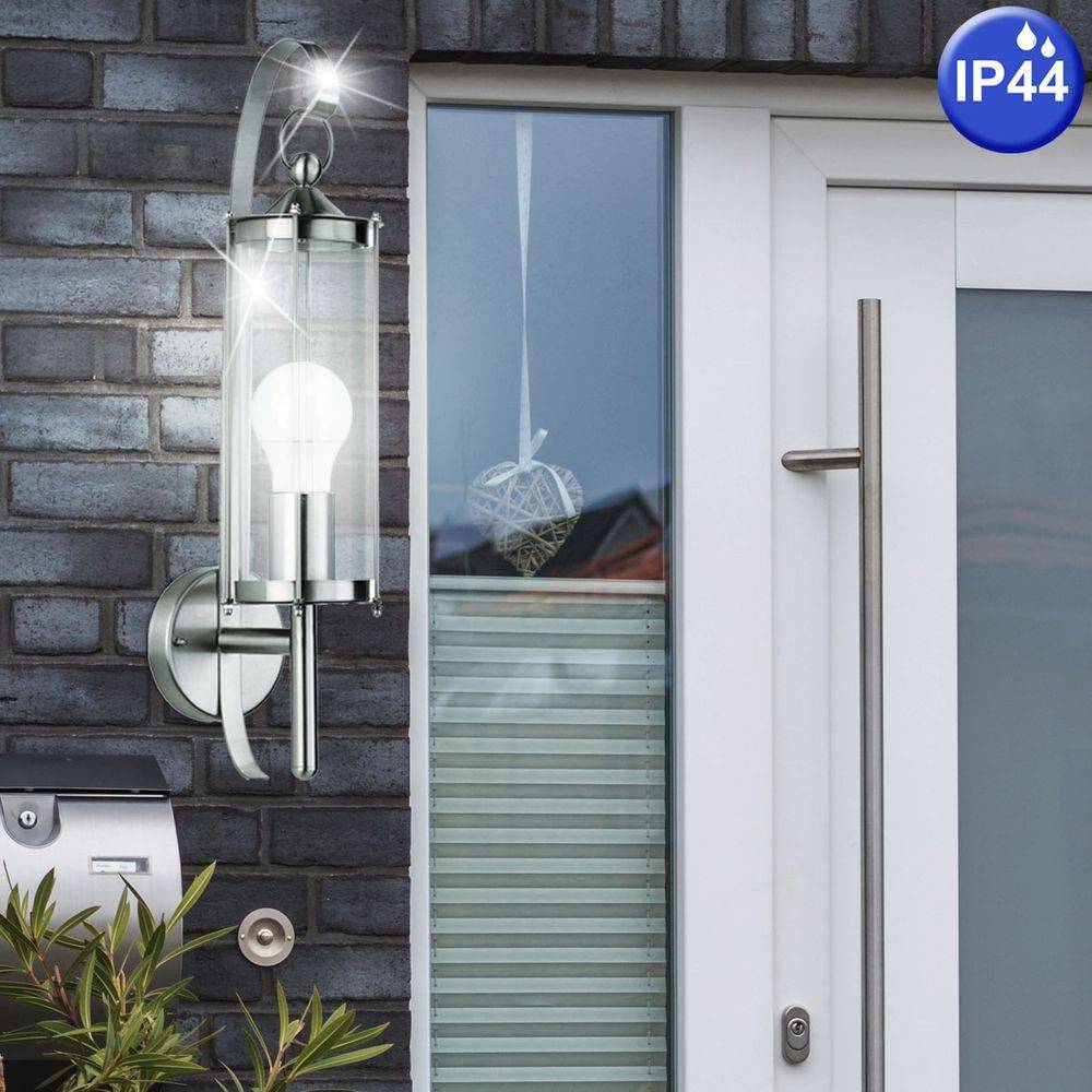 Außenlampe Wandleuchte Wandstrahler E27 Edelstahl Wandlampe Außen silber Spritzwasserfest Glas klar, E27 Fassung, DxBxT 11,4x52,5x15,5 cm