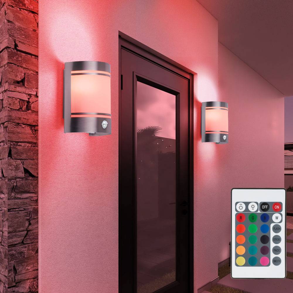Außenleuchte Wand Edelstahl Wandleuchte mit Bewegungsmelder Wandlampe mit Sensor, Glas, dimmbar Fernbedienung, 1x RGB LED warmweiß, LxBxH 14x10,5x20
