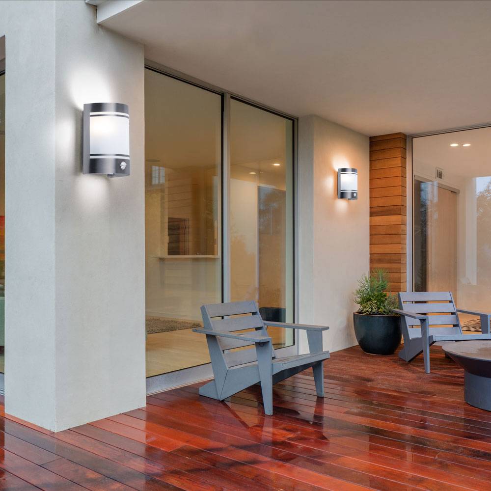 Außenleuchte Wand Edelstahl Wandleuchte mit Bewegungsmelder Wandlampe mit Sensor, Glas, dimmbar Fernbedienung, 1x RGB LED warmweiß, LxBxH 14x10,5x20