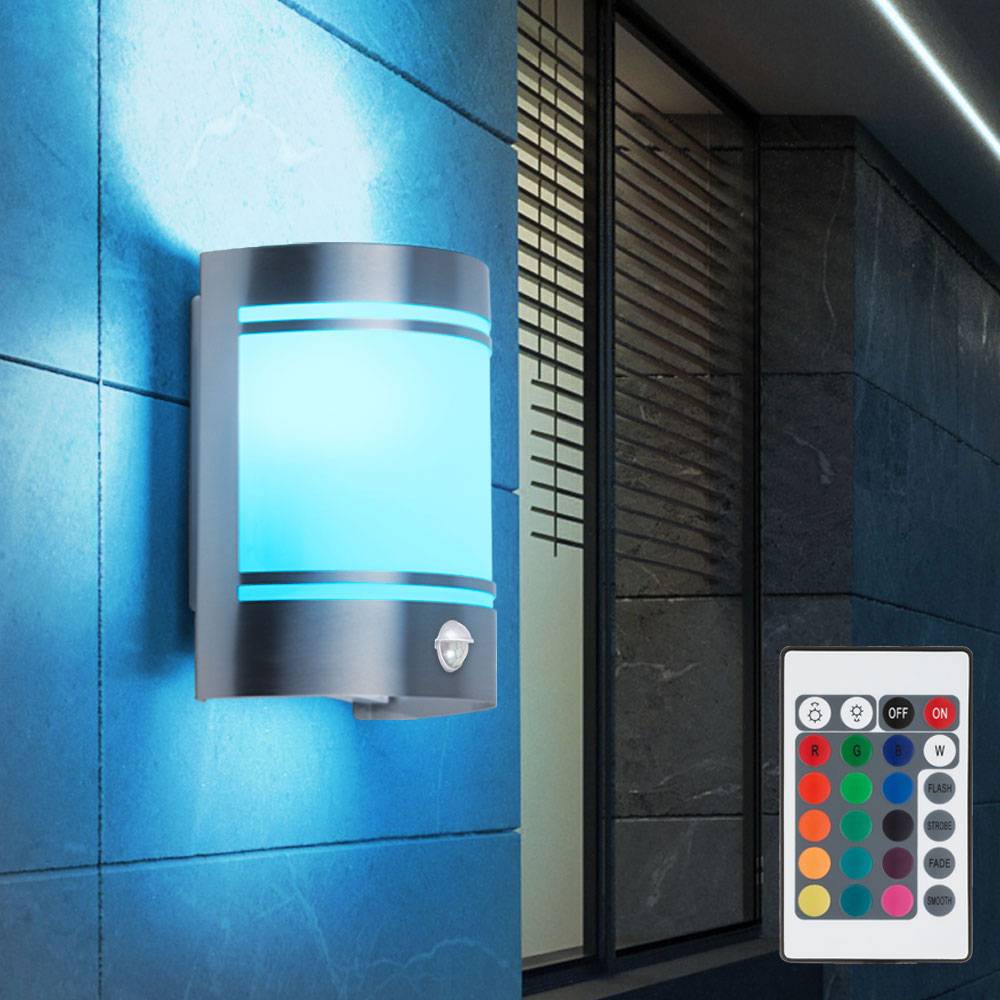 Außenleuchte Wand Edelstahl Wandleuchte mit Bewegungsmelder Wandlampe mit Sensor, Glas, dimmbar Fernbedienung, 1x RGB LED warmweiß, LxBxH 14x10,5x20